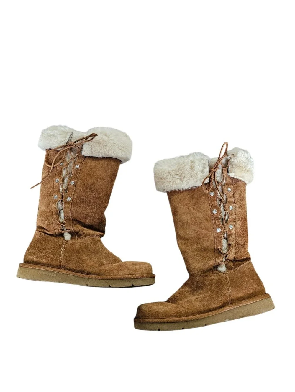 UGG Chestnut Suede Lace-Up Fur Cuff Mid-Calf Boots Size 8